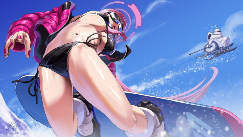 2girls absurdres bikini black_bikini blue_archive blue_sky breasts cloud day eimi_(blue_archive) eimi_(swimsuit)_(blue_archive) goggles goggles_on_head halo highres himari_(blue_archive) holding_ski_pole jacket khoaphan96 large_breasts long_hair long_sleeves multiple_girls navel official_alternate_costume open_clothes open_jacket open_mouth outdoors pink_hair pink_jacket ponytail ski_gear ski_goggles ski_pole skiing skis sky snowboard snowboarding swimsuit wheelchair