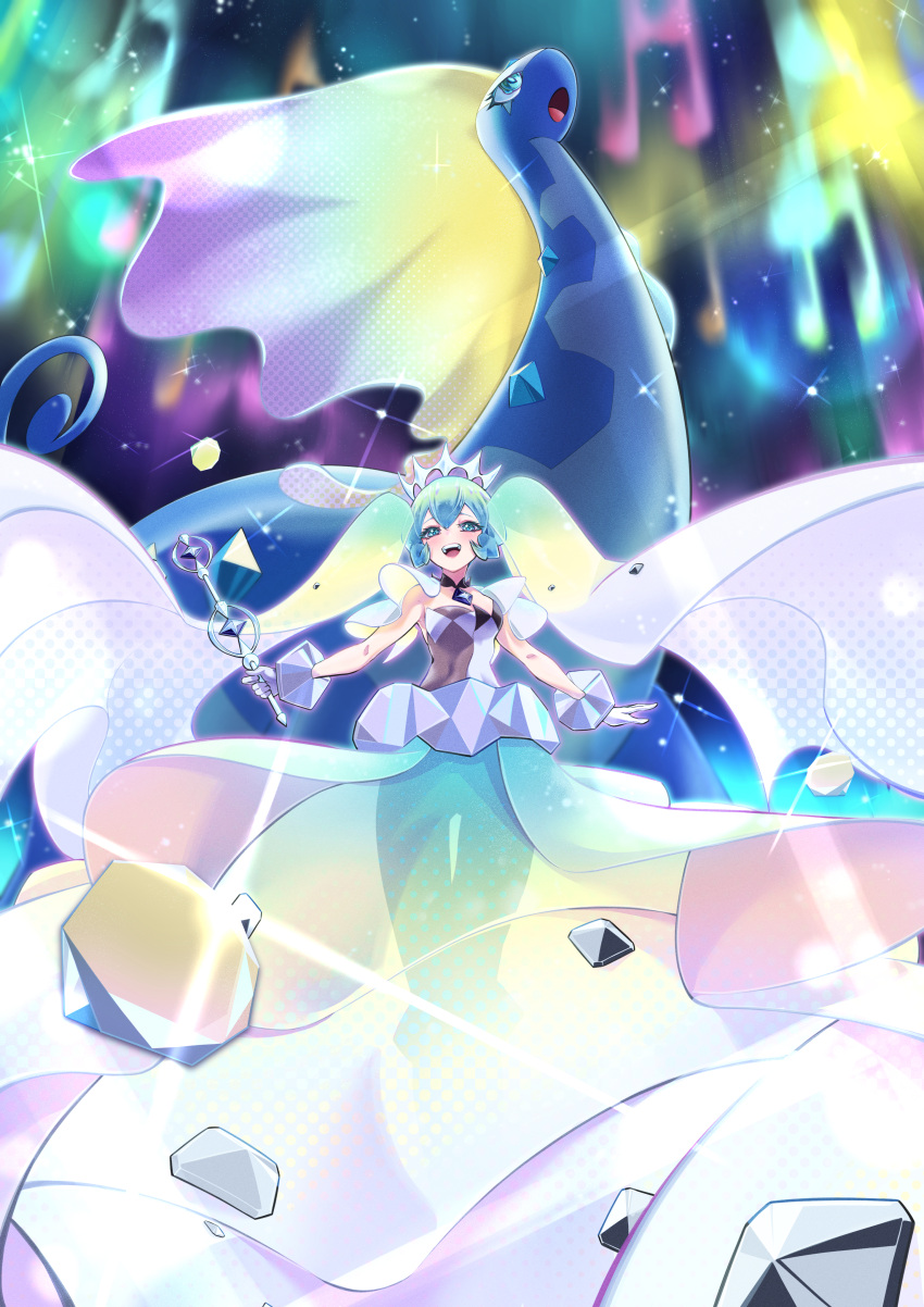 1girl :d absurdres aurora aurorus commentary_request diamond_(shape) dress eyelashes film_grain gem green_eyes green_hair happy hatsune_miku highres long_hair musical_note night open_mouth outdoors pokemon pokemon_(creature) project_voltage sky smile star_(sky) taiju_(gr09kuma) teeth tongue twintails upper_teeth_only very_long_hair vocaloid
