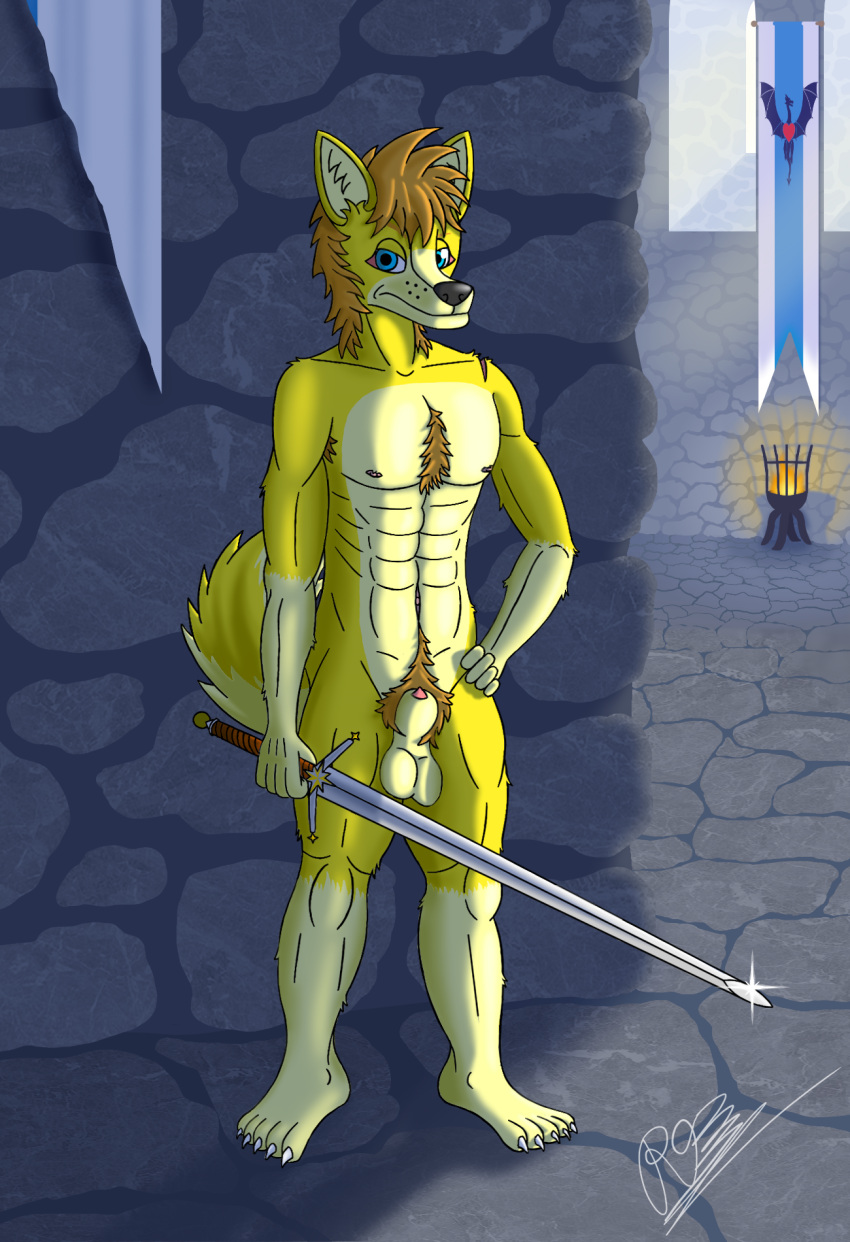 2023 5_fingers 5_toes abs animal_genitalia anthro arm_tuft armpit_hair balls banner black_nose blue_eyes body_hair brazier canid canine canis chest_hair claws collarbone countershade_tail countershade_torso countershading dialogue_in_description eyebrows facial_markings feet fingers fire fox fur genitals glint gloves_(marking) hair hand_on_hip head_markings hi_res holding_object holding_sword holding_weapon hybrid inside leg_markings leg_tuft light light_beam looking_at_viewer male mammal markings melee_weapon muscular muscular_anthro muscular_male muzzle_(marking) navel nipples nude orange_eyebrows orange_hair orange_pubes pecs penis penis_tip pink_nipples pink_penis_tip plantigrade pubes raised_eyebrow reiver93 reiver_valentine serratus shadow sheath shoulder_scar shoulder_tuft signature snout snout_markings socks_(marking) solo standing stone_floor stone_wall sunbeam sunlight sword tail tan_balls tan_body tan_fur tan_inner_ear tan_sheath toes tuft wall_(structure) weapon whisker_spots white_claws window wolf yellow_body yellow_fur