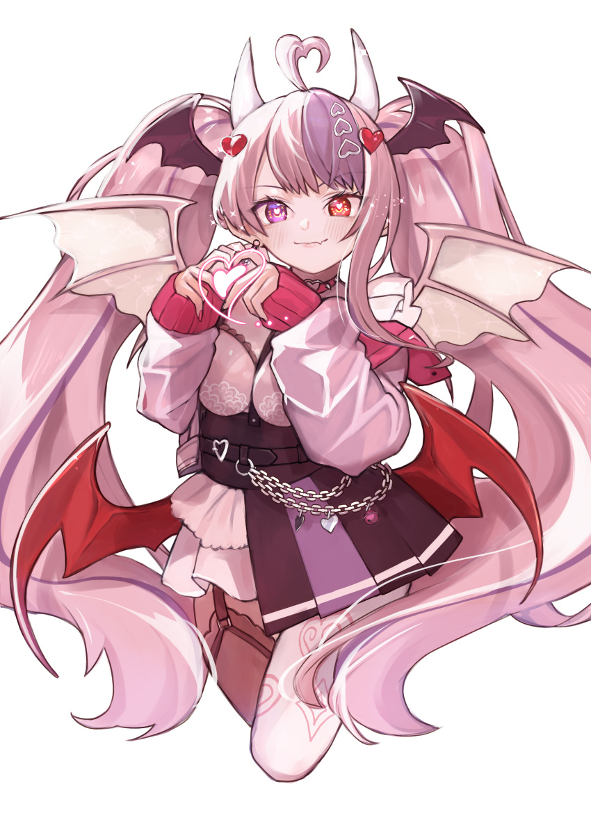 1girl a888_n22 absurdres blush choker demon_girl demon_horns demon_wings earrings fang hair_ornament head_wings heart heart-shaped_pupils heart_choker heart_hair_ornament heart_hands heart_o-ring heterochromia highres horns ironmouse ironmouse_(13th_costume) jewelry long_hair looking_at_viewer multicolored_hair o-ring o-ring_choker pink_hair pointy_ears purple_eyes purple_hair red_choker red_eyes single_earring skin_fang spiked_choker spikes streaked_hair symbol-shaped_pupils twintails virtual_youtuber vshojo wings