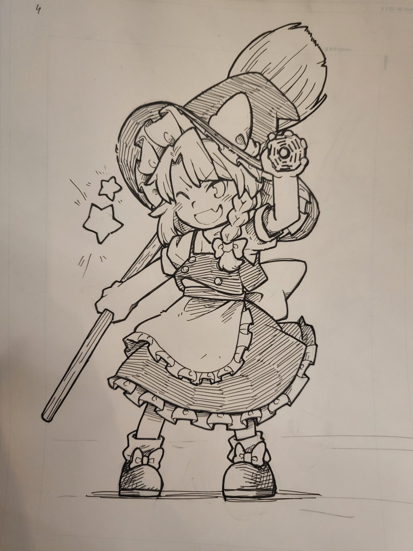 1girl apron bow braid broom ezier footwear_bow frilled_skirt frills full_body hat highres holding holding_broom kirisame_marisa mini-hakkero monochrome one_eye_closed shirt shoes single_braid skirt smile socks solo touhou traditional_media vest waist_apron witch_hat