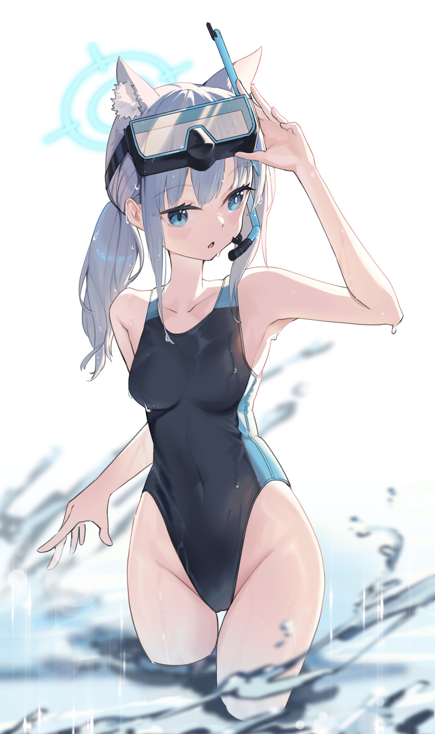 1girl absurdres animal_ears bad_anatomy bare_arms bare_legs bare_shoulders black_one-piece_swimsuit blue_archive blue_eyes blue_halo blush breasts competition_swimsuit cowboy_shot extra_ears goggles goggles_on_head grey_hair groin hair_between_eyes halo highres medium_breasts medium_hair official_alternate_costume one-piece_swimsuit open_mouth rafrog shiroko_(blue_archive) shiroko_(swimsuit)_(blue_archive) solo swimsuit water wolf_ears