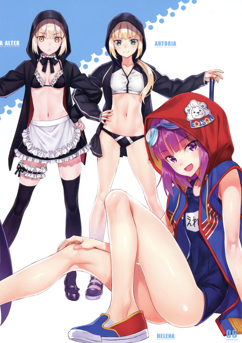 3girls absurdres apron artoria_pendragon_(alter_swimsuit_rider)_(fate) artoria_pendragon_(alter_swimsuit_rider)_(second_ascension)_(fate) artoria_pendragon_(fate) artoria_pendragon_(swimsuit_archer)_(fate) artoria_pendragon_(swimsuit_archer)_(second_ascension)_(fate) bikini blonde_hair blush breasts character_name closed_mouth fate/grand_order fate_(series) foot_out_of_frame frilled_skirt frills full_body goggles goggles_on_head green_eyes hand_on_own_hip helena_blavatsky_(fate) helena_blavatsky_(swimsuit_archer)_(fate) helena_blavatsky_(swimsuit_archer)_(first_ascension)_(fate) highres holding hood jacket knee_up legs long_hair long_sleeves looking_at_viewer matsuryuu midriff multiple_girls navel one-piece_swimsuit open_clothes open_jacket pale_skin purple_eyes purple_hair scan shiny_skin shoes short_hair simple_background sitting skirt sleeveless small_breasts smile standing stomach swimsuit thighhighs thighs waist_apron yellow_eyes