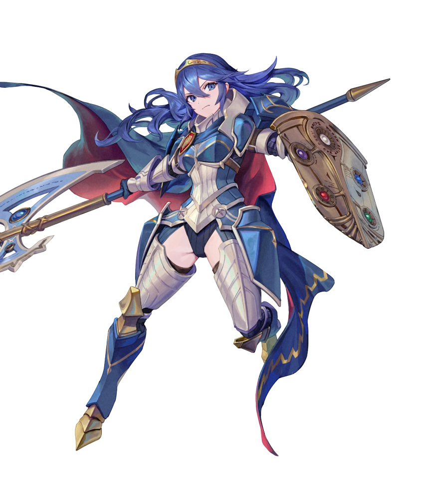 1girl armor attack axe black_leotard blue_cape blue_eyes blue_hair cape family_crest fire_emblem fire_emblem_awakening fire_emblem_heroes highres holding holding_axe holding_shield leotard long_hair lucina_(fate's_resolve)_(fire_emblem) lucina_(fire_emblem) no_pants non-web_source official_alternate_costume official_art red_cape shield solo tiara v-shaped_eyebrows