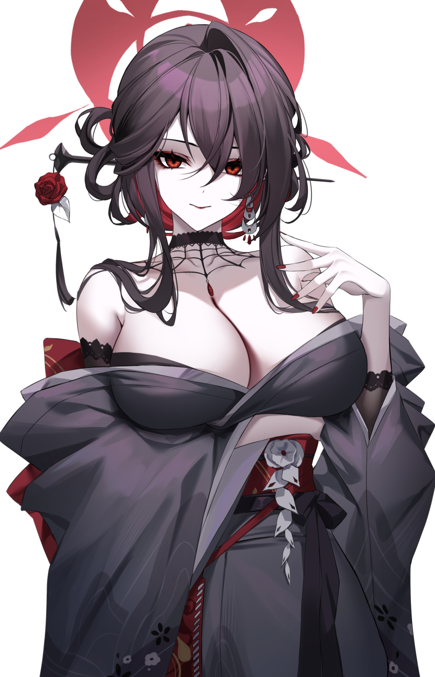 1girl bare_shoulders black_choker black_hair black_kimono blue_archive breasts choker cleavage closed_mouth commentary eternity_(shadeh) goth_fashion hair_between_eyes halo hand_up highres japanese_clothes kimono kokuriko_(blue_archive) large_breasts long_hair long_sleeves looking_at_viewer nail_polish off_shoulder red_eyes red_halo red_nails sidelocks simple_background solo white_background