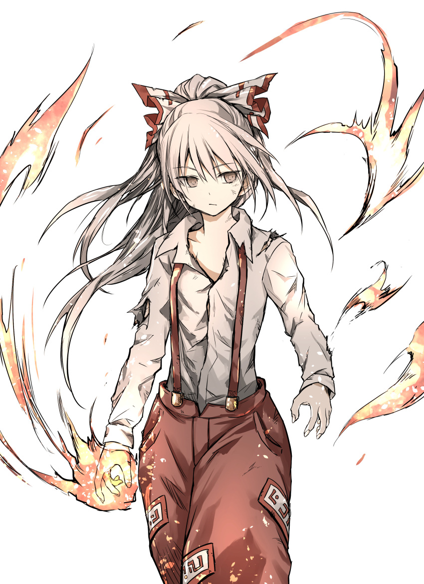 1girl absurdres bow collared_shirt commentary dirty dirty_face expressionless fire floating_hair fujiwara_no_mokou hair_bow highres long_hair long_sleeves looking_to_the_side ofuda ofuda_on_clothes pants red_eyes red_pants shimoda_masaya shirt suspenders torn_clothes touhou white_background white_hair white_shirt