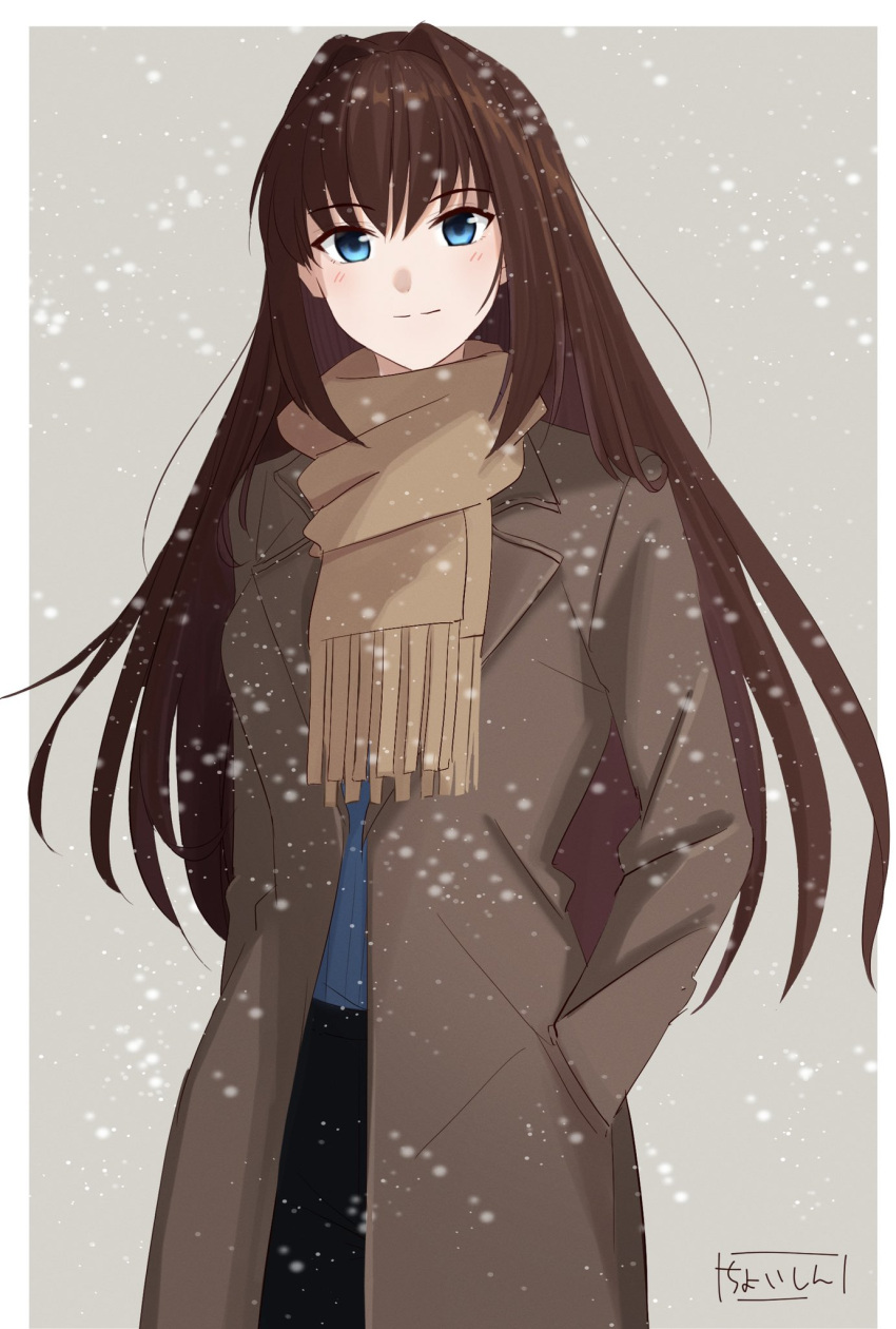 1girl alternate_costume aozaki_aoko blazer blue_eyes blush border brown_hair brown_jacket closed_mouth commentary grey_background hair_between_eyes hair_intakes hand_in_pocket highres jacket long_hair long_sleeves looking_at_viewer mahou_tsukai_no_yoru outside_border scarf shintyoi2 simple_background smile snow snowing solo white_border winter_clothes yellow_scarf