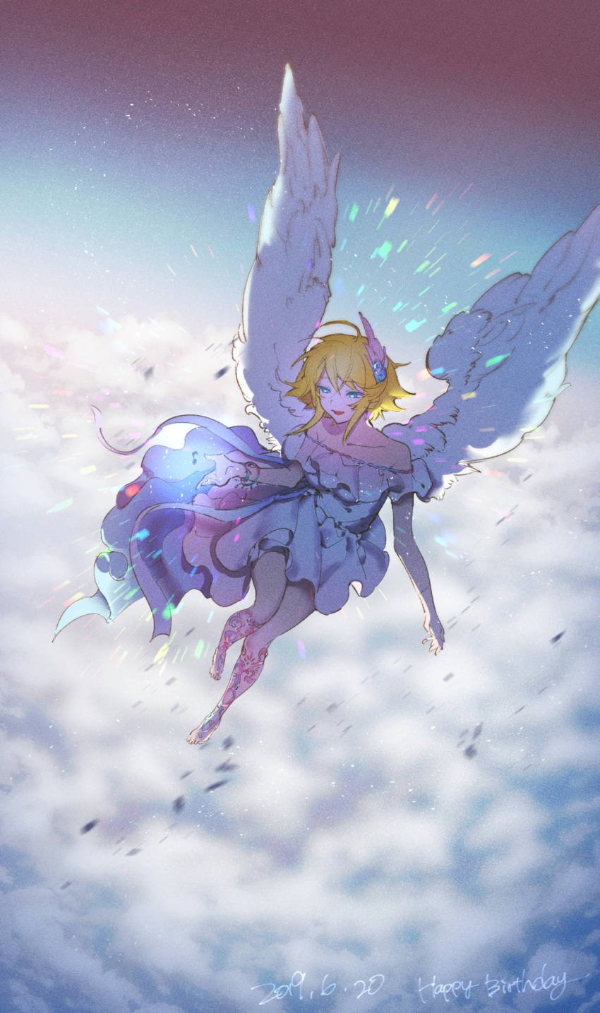 1girl above_clouds ahoge bare_shoulders blonde_hair bracelet breasts closed_mouth cloud collarbone dated dress feathered_wings flying full_body glowing glowing_eyes happy_birthday highres idolmaster idolmaster_cinderella_girls jewelry medium_breasts mirin_chikuwa musical_note off-shoulder_dress off_shoulder smile solo toes umeki_otoha white_dress white_wings wings