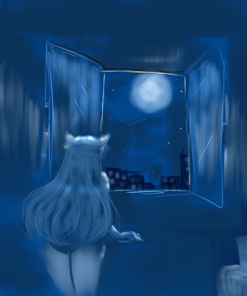 2023 3_fingers absurd_res balcony female fingers gardevoir generation_3_pokemon hair hi_res humanoid light long_hair moon moonlight night nintendo not_furry open_window pokemon pokemon_(species) rear_view renv shiny_pokemon signature solo