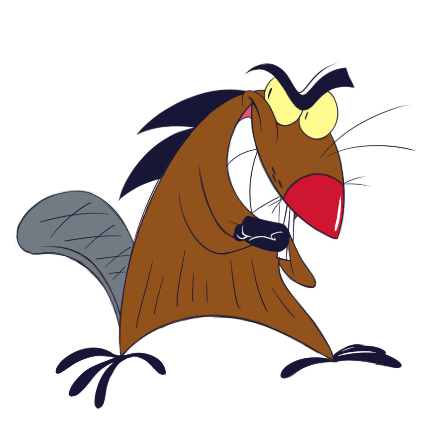 2023 8-bit-britt anthro beaver beaver_tail black_eyes brown_body brown_fur buckteeth daggett_beaver digital_media_(artwork) fur grey_tail grin hands_together hi_res looking_away male mammal mischievous nickelodeon red_nose rodent sharp_teeth simple_background smile solo standing teeth the_angry_beavers white_background yellow_sclera