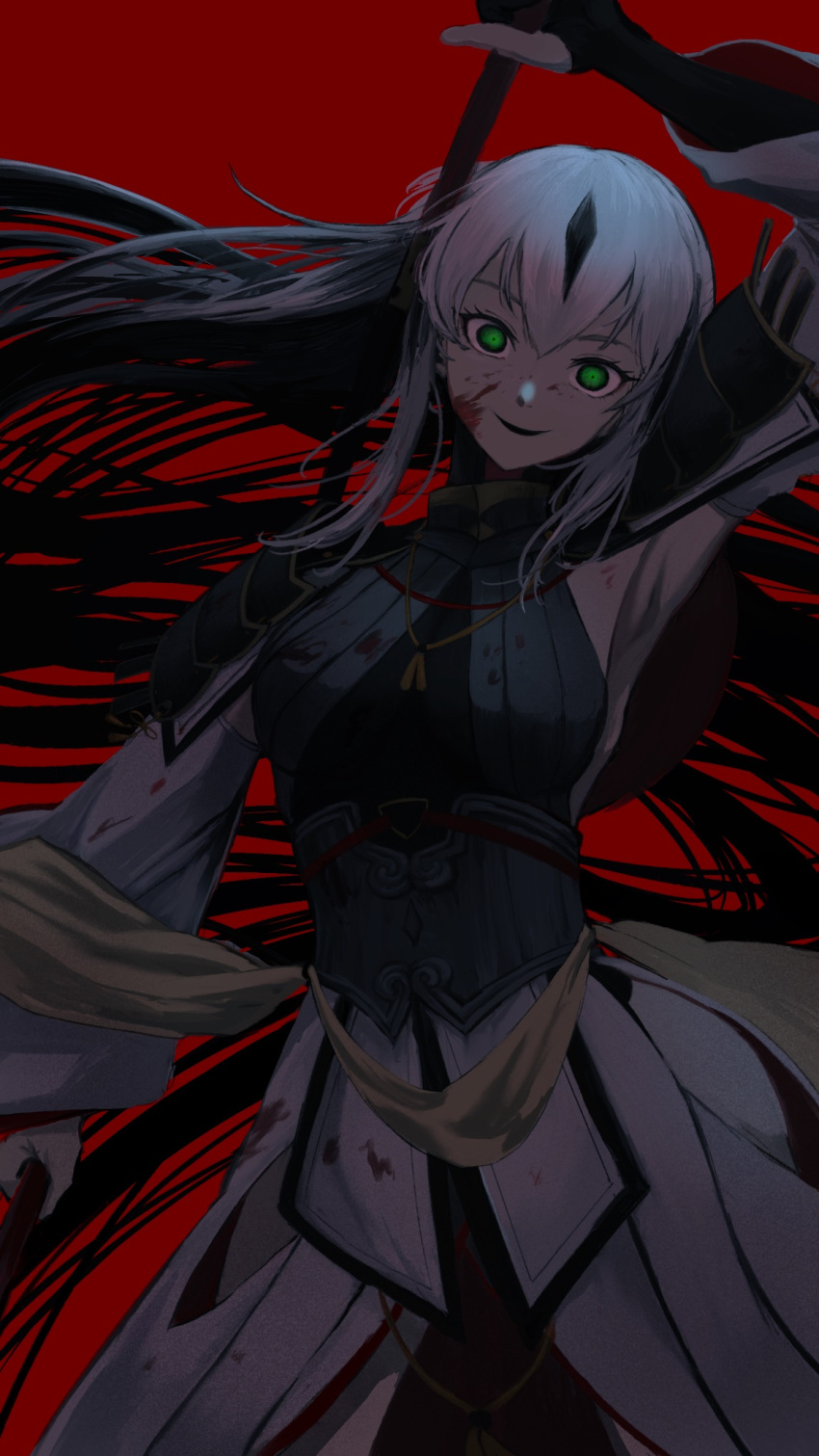 1girl arm_above_head armpits black_hair blood breasts commentary_request cowboy_shot fate/grand_order fate_(series) gloves glowing glowing_eyes gorget green_eyes grey_hair hair_between_eyes highres large_breasts long_hair multicolored_hair nagao_kagetora_(fate) overskirt partially_fingerless_gloves red_background sash skirt smile solo toumokorosi_01 two-tone_hair white_hair white_skirt wide_sleeves yellow_sash