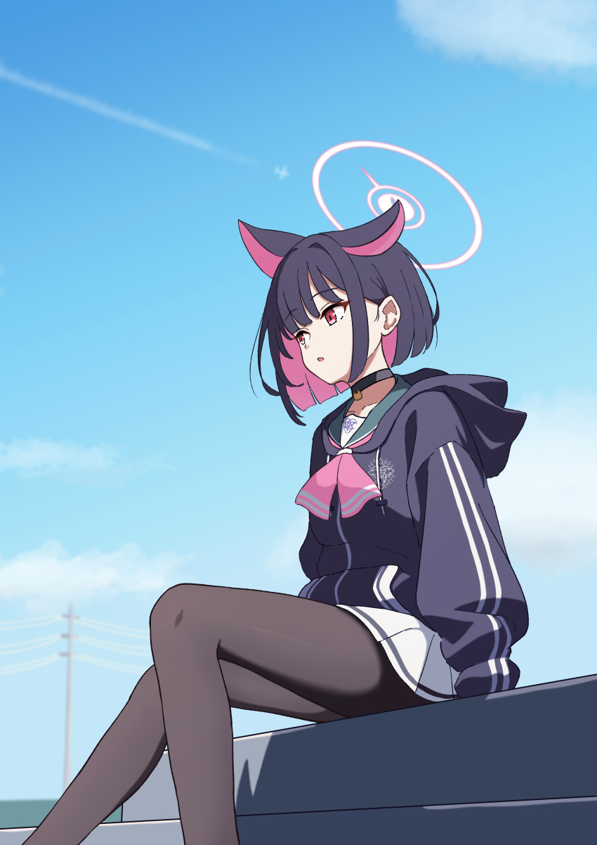1girl absurdres aircraft airplane animal_ears black_choker black_hair black_jacket black_pantyhose blue_archive cat_ears choker cloud colored_inner_hair contrail day extra_ears feet_out_of_frame green_sailor_collar hair_ornament hairclip halo highres hood hood_down hooded_jacket jacket kazusa_(blue_archive) legs long_sleeves multicolored_hair open_mouth outdoors pantyhose pink_hair pleated_skirt pogeepoge power_lines red_eyes sailor_collar short_hair sitting skirt solo utility_pole white_skirt