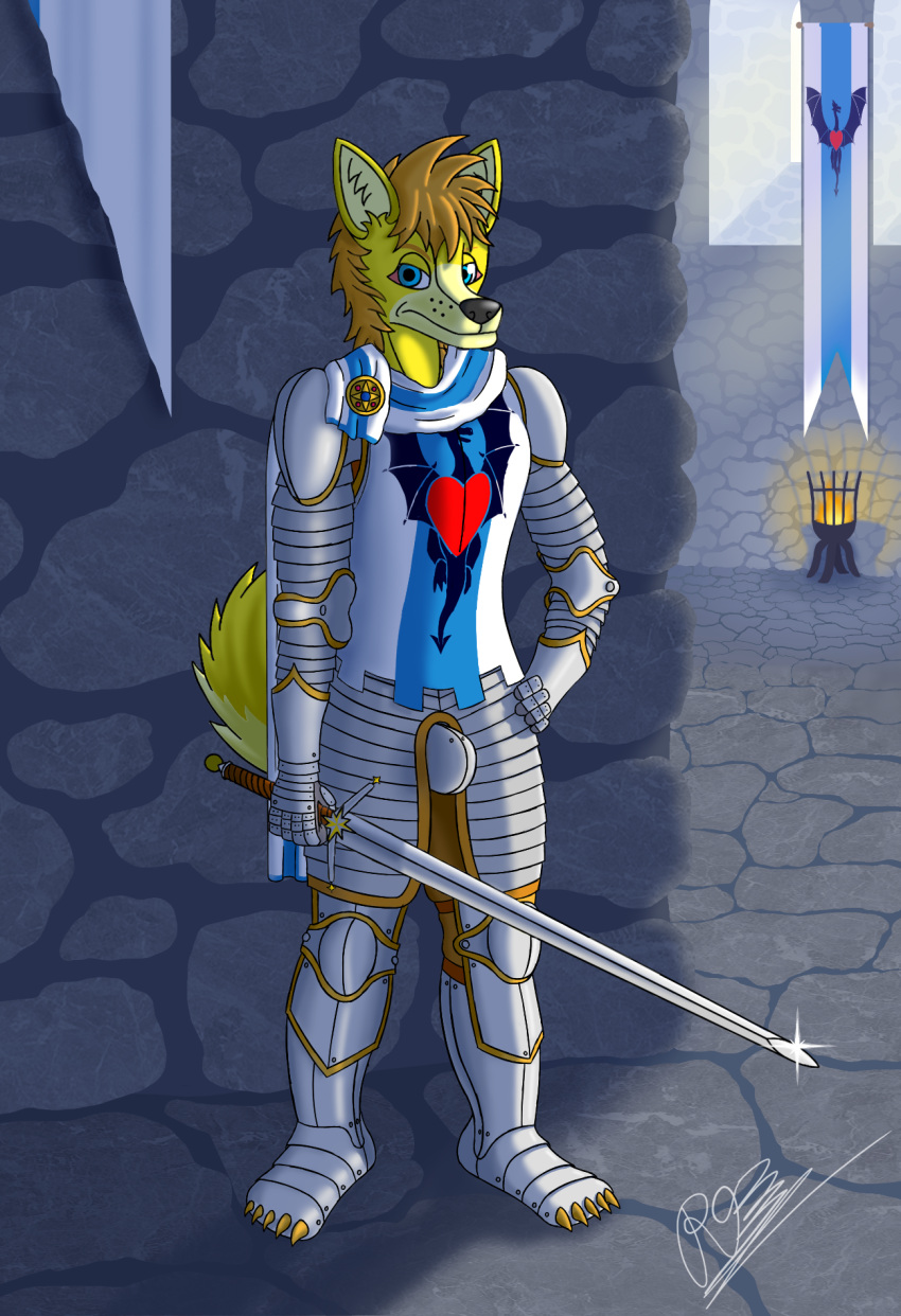 &lt;3 2023 5_fingers anthro armor banner black_nose blue_eyes blue_scarf bottomwear brazier brown_armor brown_bottomwear brown_clothing brown_pants canid canine canis clothing codpiece countershade_tail countershading day detailed_background dialogue_in_description eyebrows facial_markings fingers fire fox fur glint grey_armor hair hand_on_hip head_markings heart_clothing hi_res holding_object holding_sword holding_weapon hybrid inner_ear_fluff inside light light_beam looking_annoyed looking_at_viewer male mammal markings medieval_armor melee_weapon muzzle_(marking) narrowed_eyes orange_eyebrows orange_hair pants pauldron plantigrade red_heart reiver93 reiver_valentine scarf shaded shadow signature snout snout_markings solo spiky_hair standing stone_floor stone_wall sunbeam sunlight sword tail tan_body tan_fur tan_inner_ear tan_inner_ear_fluff tuft wall_(structure) weapon whisker_spots white_scarf window wolf yellow_body yellow_fur