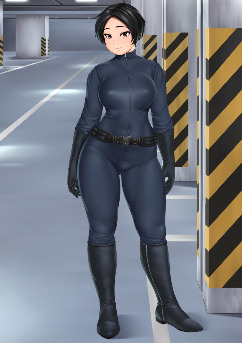 1girl belt black_footwear black_gloves black_hair bodysuit boots breasts closed_mouth contrapposto full_body gloves highres indoors large_breasts looking_at_viewer nemui333 original parking_garage short_hair smile solo standing tachi-e zipper