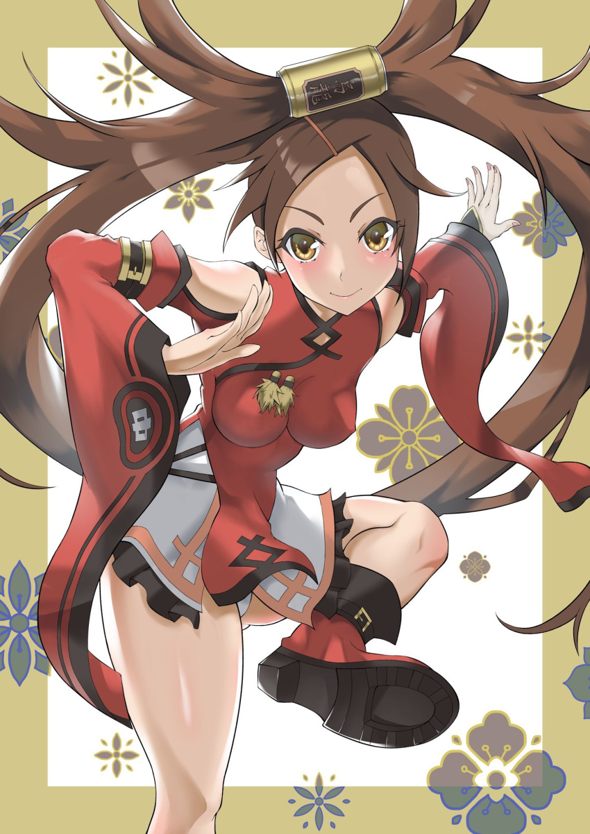 1girl bare_shoulders brown_hair chinese_clothes doughnut_hair_bun guilty_gear guilty_gear_xrd hair_bun highres kicking kuradoberi_jam long_hair long_sleeves looking_at_viewer sato_one1 yellow_eyes