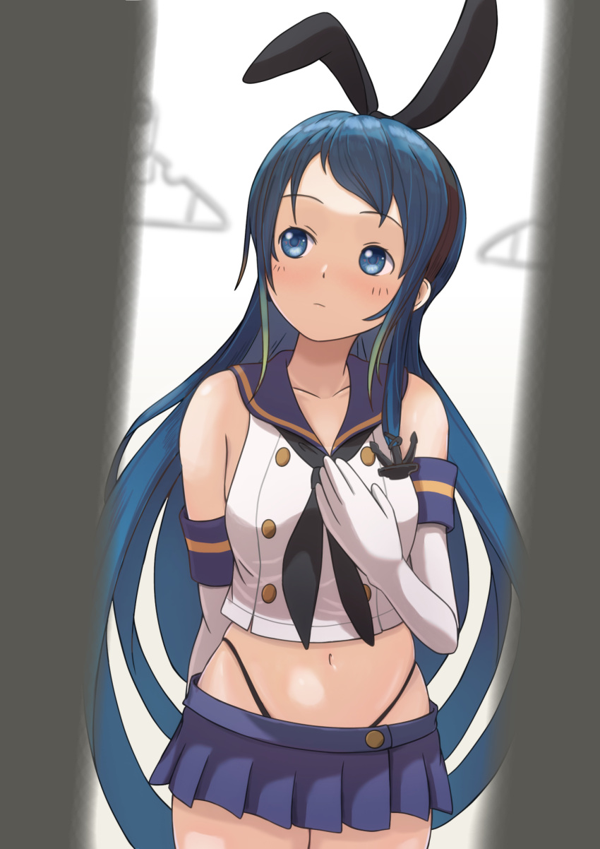 blue_eyes blue_hair collarbone cosplay dolphins3ino elbow_gloves gloves highleg highleg_panties highres kantai_collection long_hair microskirt navel panties sailor_collar samidare_(kancolle) shimakaze_(kancolle) shimakaze_(kancolle)_(cosplay) skirt sleeveless underwear very_long_hair