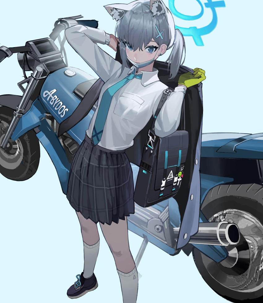 1girl absurdres animal_ears aqua_necktie bag black_footwear black_jacket black_skirt blue_archive blue_eyes blue_halo breast_pocket collared_shirt cross earrings gloves green_gloves grey_hair halo highres inverted_cross jacket jewelry long_sleeves looking_at_viewer mask motor_vehicle motorcycle mouth_mask necktie noco_(pixiv14976070) pocket shiroko_(blue_archive) shirt single_glove skirt socks solo white_shirt white_socks wolf_ears