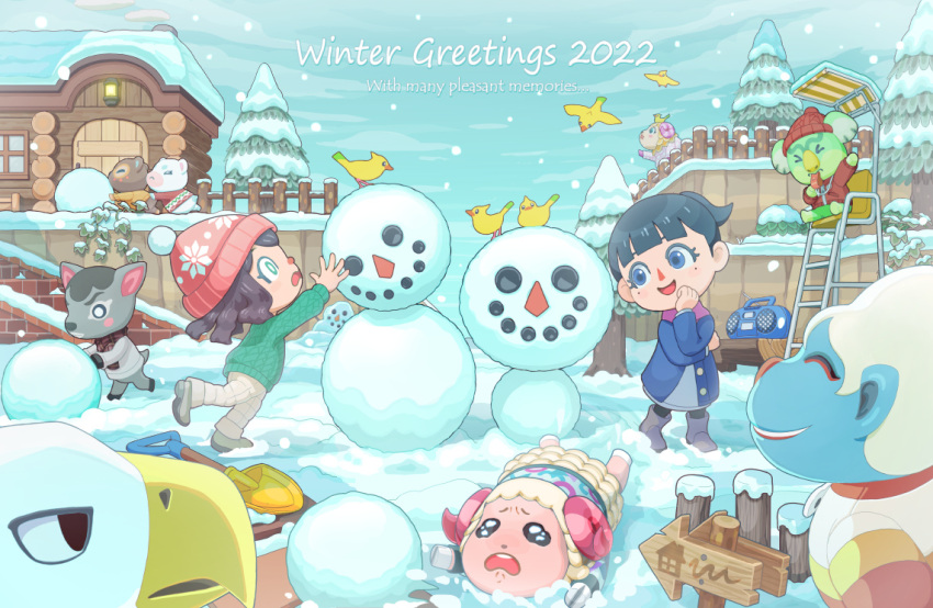 &gt;_&lt; 2022 5boys 5girls :&lt; :d ^_^ animal_crossing animal_on_head apollo_(animal_crossing) arm_up arrow_(symbol) beanie bench bird bird_on_head black_hair blue_coat blue_eyes blunt_bangs blush_stickers boots bush clay_(animal_crossing) closed_eyes closed_mouth cloud cloudy_sky coat commentary_request curled_horns day deirdre_(animal_crossing) dom_(animal_crossing) english_text eyelashes fallen_down fence flurry_(animal_crossing) furry furry_female furry_male green_eyes green_sweater grey_footwear grey_hair hans_(animal_crossing) hat high_ponytail horns house jacket lifeguard_chair long_sleeves lying lyman_(animal_crossing) mole mole_under_eye multiple_boys multiple_girls on_head on_stomach open_mouth orange_sweater outdoors pants pine_tree pink_horns plaid plaid_scarf pom_pom_(clothes) pom_pom_beanie ponytail pushing radio red_headwear red_jacket red_scarf red_sweater scarf shoes short_hair shovel sign sky smile snow snowball snowing snowman standing suyu38 sweater teeth tree upper_teeth_only villager_(animal_crossing) wavy_eyes whistle whistle_around_neck white_jacket white_pants wide-eyed willow_(animal_crossing) winter wooden_fence
