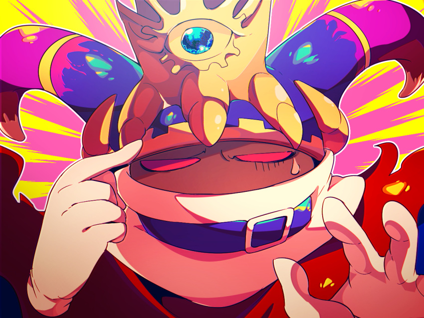 belt belt_buckle belt_collar blue_belt blue_horns buckle cape collar commentary_request covered_mouth disembodied_limb fire gloves half-closed_eyes horns kirby_(series) large_horns looking_at_viewer magolor master_crown multicolored_horns no_humans outline outstretched_hand pointing pointing_at_self purple_background purple_horns red_cape red_eyes scarf shirushiki solid_eyes solo straight-on sweatdrop two-tone_background two-tone_horns upper_body white_gloves white_outline white_scarf yellow_background yellow_headwear