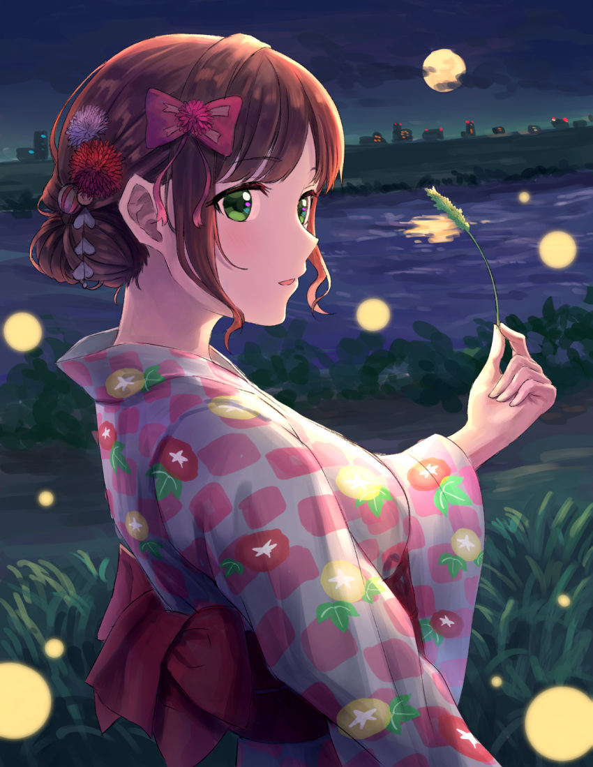 1girl blush bow breasts brown_hair bug firefly floral_print foxtail full_moon grass hair_bow hair_bun hair_ribbon highres idolmaster idolmaster_cinderella_girls japanese_clothes kimono kurageso looking_at_viewer maekawa_miku medium_breasts moon nape night night_sky obi outdoors reflection refraction ribbon sash sideways_glance single_side_bun sky solo upper_body yukata