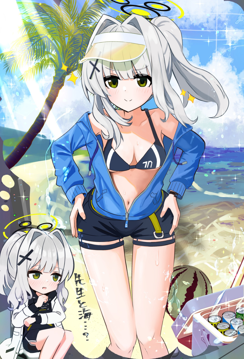 1girl absurdres blue_archive blush breasts closed_mouth cloud collarbone commentary_request food fruit green_eyes grey_hair halo hare_(blue_archive) highres jacket looking_at_viewer medium_breasts medium_hair navel ocean palm_tree shorts solo sparkle sweat swimsuit thomason366 translation_request tree visor_cap watermelon
