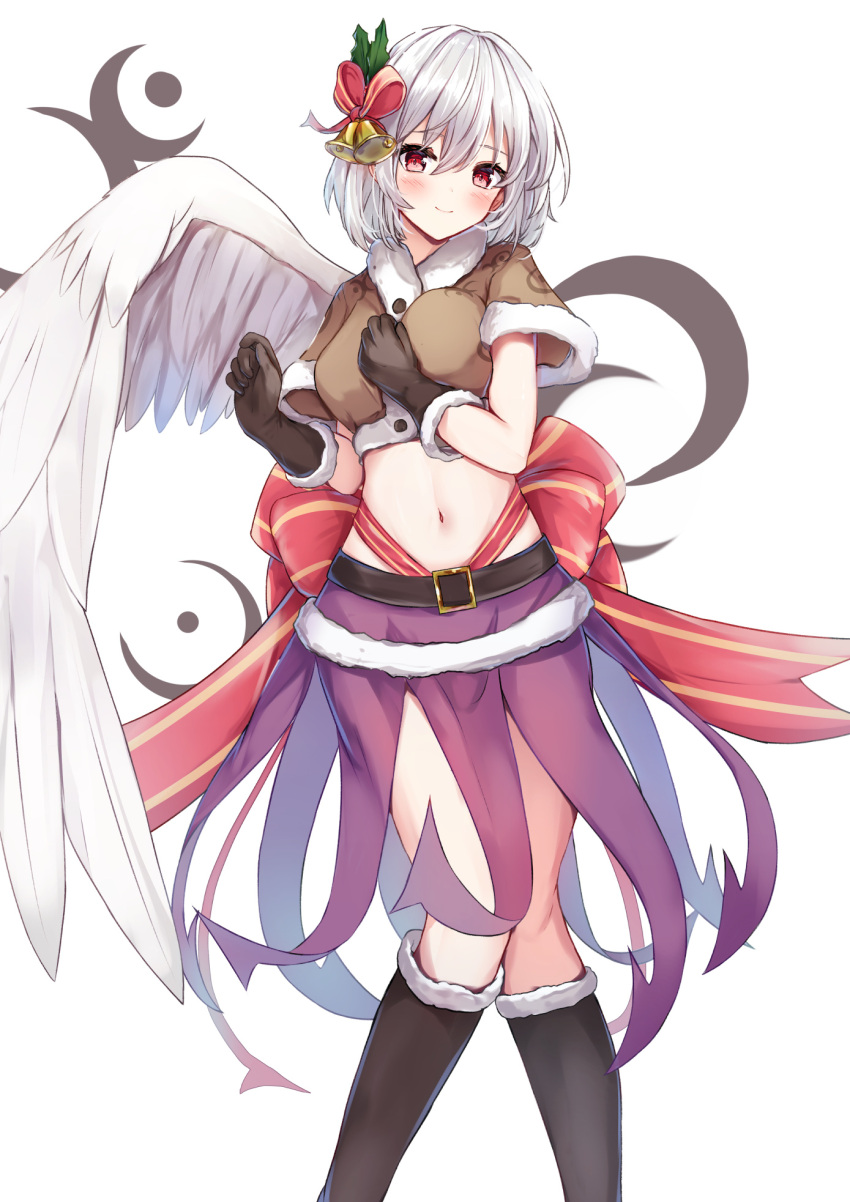 1girl belt black_belt black_footwear black_gloves blush boots breasts closed_mouth feet_out_of_frame gloves grey_hair hair_between_eyes highres kishin_sagume knee_boots looking_at_viewer medium_breasts navel niko_kusa red_eyes short_hair simple_background smile solo touhou white_background