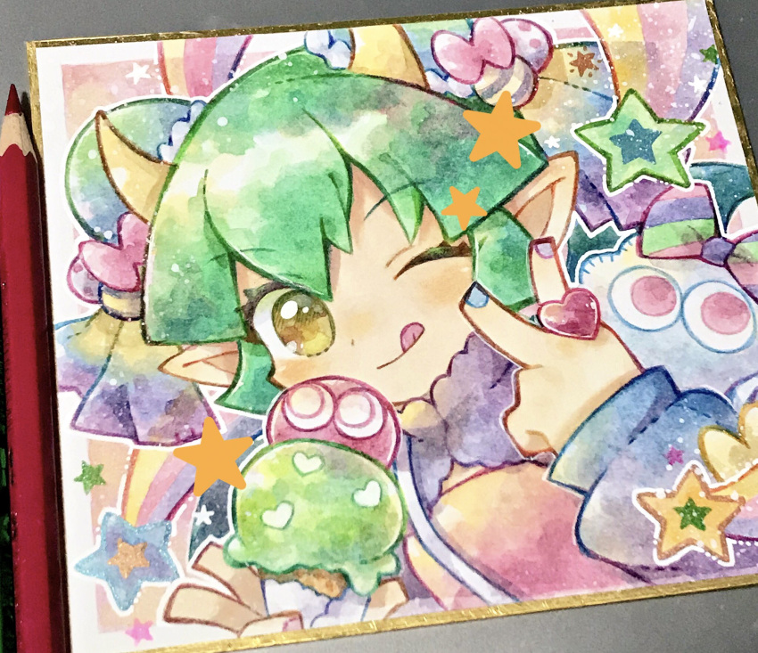 1girl art_tools_in_frame bun_cover doradorakingyo double_bun double_scoop draco_centauros eyelashes food green_hair hair_bun heart highres holding_ice_cream_cone horns ice_cream jewelry licking_lips looking_at_viewer nail_polish one_eye_closed pointy_ears puyo_(puyopuyo) puyopuyo puyopuyo_quest ring solo star_(symbol) tongue tongue_out traditional_media v yellow_horns