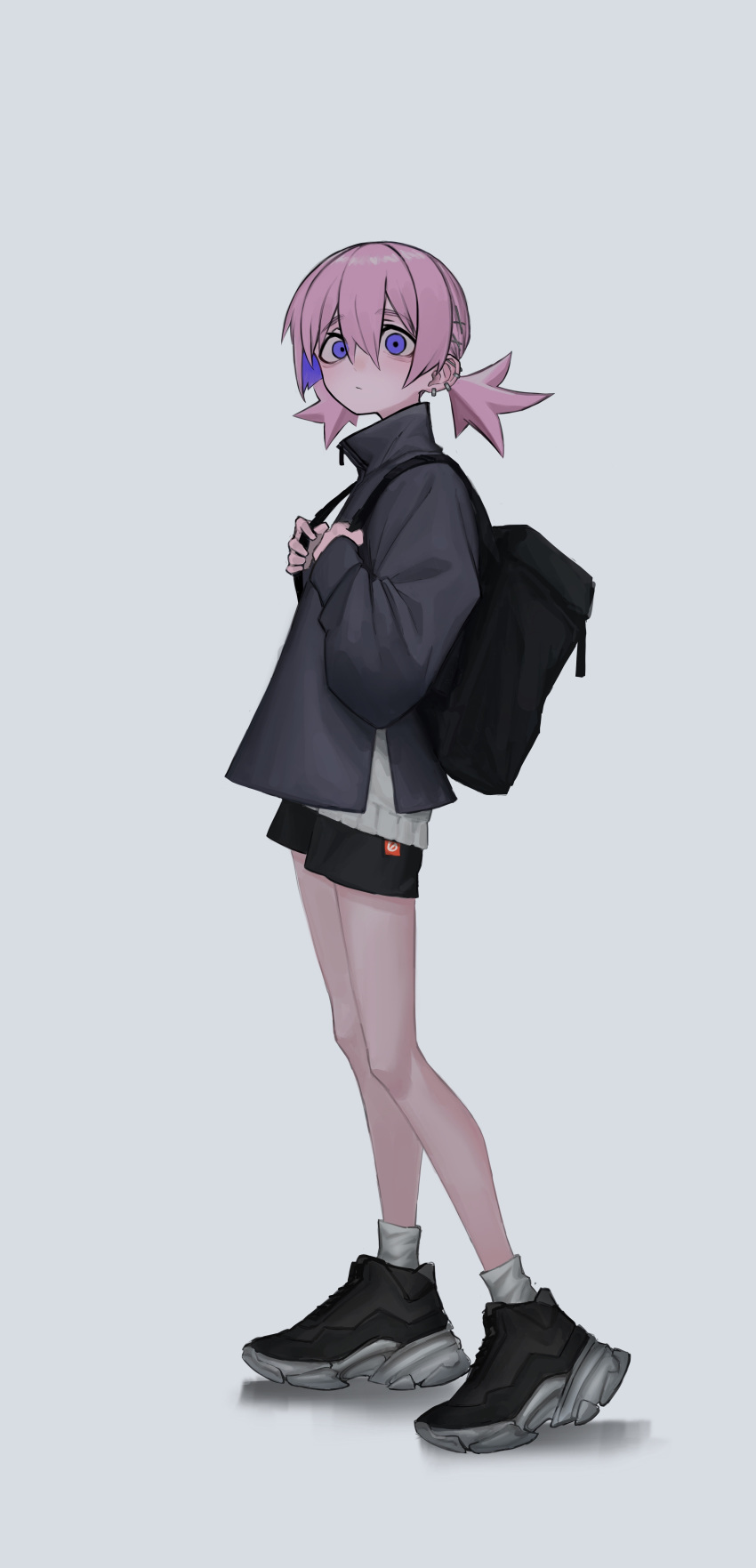 1girl absurdres backpack bag black_footwear black_shorts closed_mouth ear_piercing full_body grey_background hair_between_eyes highres jacket long_sleeves looking_at_viewer multicolored_hair original piercing pink_hair purple_eyes purple_hair shirt shoes short_shorts short_twintails shorts simple_background sneakers socks solo standing toxic_ghost twintails white_socks