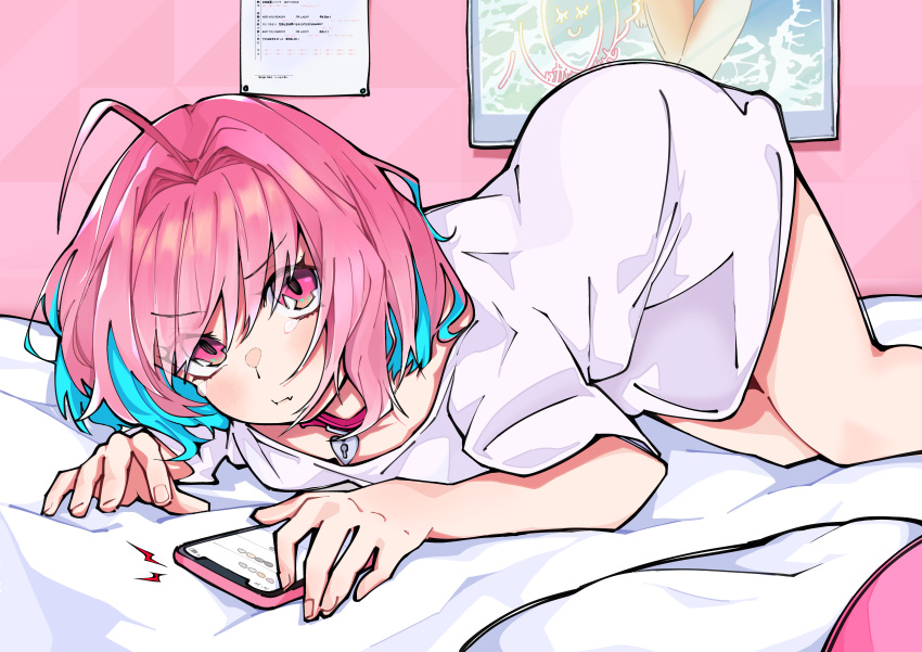 1girl absurdres ahoge animal_collar aqua_hair blush cellphone cellphone_photo collar fang feet_out_of_frame hair_intakes highres idolmaster idolmaster_cinderella_girls indoors looking_at_viewer multicolored_hair no_pants nyokki763 phone pink_eyes pink_hair shirt short_sleeves skin_fang solo tears two-tone_hair white_shirt yumemi_riamu