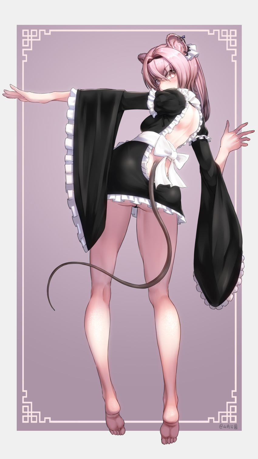 1girl absurdres alternate_costume animal_ears arknights ass backless_dress backless_outfit bare_back bare_legs barefoot black_dress black_panties commentary_request dress enmaided feet frilled_sleeves frills from_behind full_body hair_between_eyes highres kneepits legs lin_(arknights) long_hair long_sleeves looking_at_viewer looking_back maid mouse_ears mouse_tail panties partially_visible_vulva purple_eyes purple_hair short_dress soles solo tail thighs toes underwear wide_sleeves yamauchi_(conan-comy)