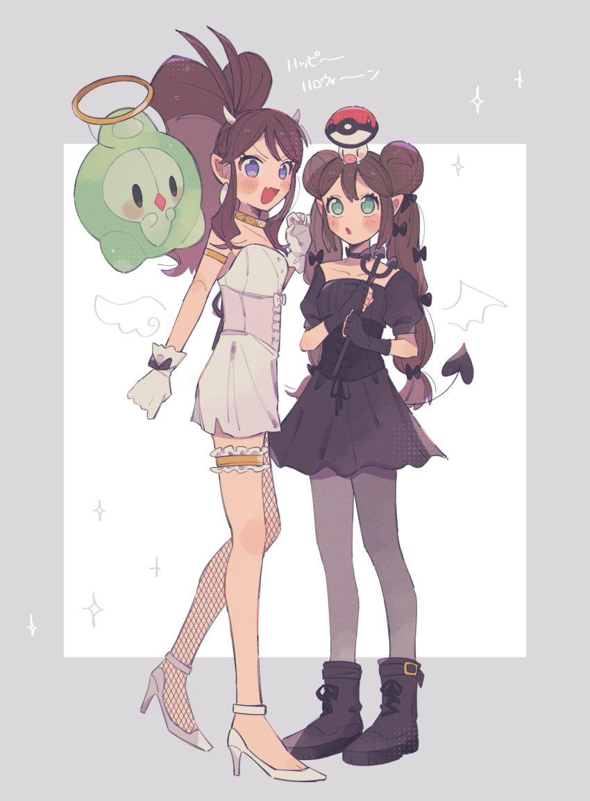 2girls :d blush boots bow bridal_garter brown_hair commentary_request double_bun dress duosion eyelashes fake_horns foongus gloves hair_bow hair_bun halloween halloween_costume high_heels high_ponytail highres hilda_(pokemon) hime_(himetya105) holding horns long_hair multiple_girls on_head open_mouth pantyhose pokemon pokemon_(creature) pokemon_bw pokemon_bw2 pokemon_on_head rosa_(pokemon) sideocks smile sparkle standing twintails white_footwear white_gloves