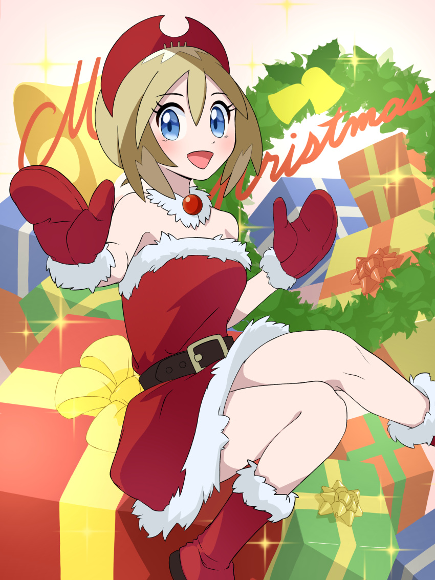 1girl :d absurdres alternate_costume bare_shoulders belt blonde_hair blue_eyes boots box christmas commentary_request dress eyelashes gift gift_box hair_between_eyes hairband hands_up happy highres irida_(pokemon) knees looking_at_viewer mikan_(mikan_no_happa) mittens open_mouth pokemon pokemon_legends:_arceus red_dress red_footwear red_hairband red_mittens smile solo sparkle tongue