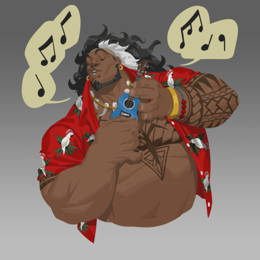 arm_tattoo bara beard black_hair bracelet chest_tattoo earrings facial_hair hawaiian_shirt highres instrument jewelry male_focus mature_male mauga_(overwatch) muscular muscular_male musical_note navel necklace nesskain official_art overwatch overwatch_2 red_shirt shirt tattoo teeth thick_arms thick_eyebrows tooth_necklace ukulele
