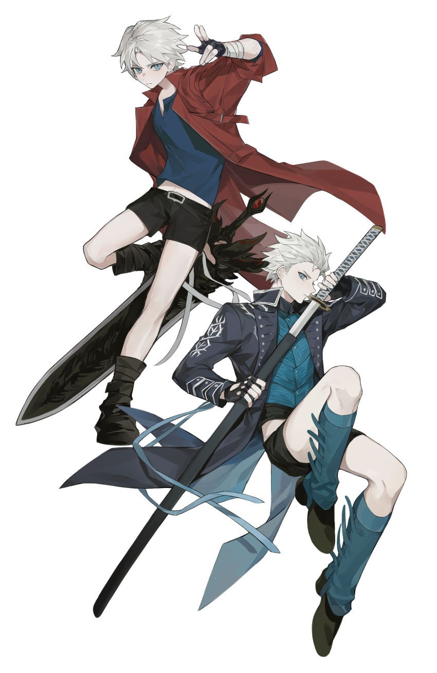 2boys aged_down bandaged_wrist bandages bishounen black_gloves blue_eyes child coat dante_(devil_may_cry) devil_may_cry_(series) devil_may_cry_5 fingerless_gloves gloves highres holding holding_weapon jacket jin_(zhaomu_u) long_hair looking_at_viewer male_focus multiple_boys pale_skin rebellion_(sword) red_coat shorts simple_background sword vergil_(devil_may_cry) weapon white_background white_hair yamato_(sword)