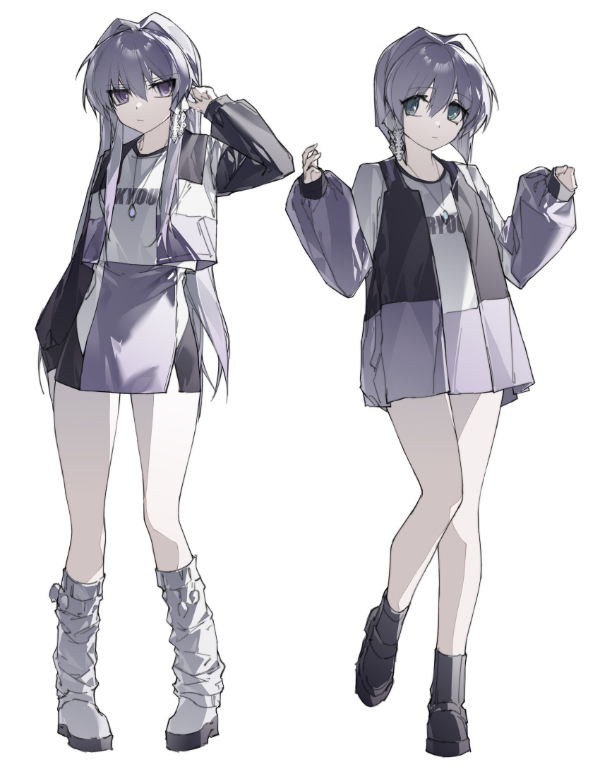 2girls absurdres black_footwear black_jacket bob_cut boots clannad closed_mouth expressionless flat_chest fujibayashi_kyou fujibayashi_ryou full_body green_eyes hair_intakes hand_in_own_hair hands_up highres jacket jewelry long_hair long_sleeves looking_at_viewer multicolored_clothes multicolored_jacket multiple_girls muted_color necklace pink_skirt puffy_long_sleeves puffy_sleeves purple_eyes purple_hair purple_jacket shirt short_hair siblings sidelocks simple_background sisters skirt standing t-shirt twins very_long_hair white_background white_footwear white_jacket white_shirt yexinhan