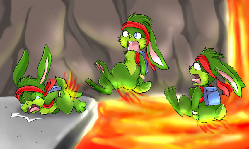 anthro backpack bandanna bodily_fluids buckteeth burning butt butt_on_fire digital_media_(artwork) epic_games fire fur green_body green_fur hand_on_butt hare jazz_jackrabbit jazz_jackrabbit_(series) kerchief lagomorph lava leporid male mammal open_mouth pain scut_tail short_tail solo tail tears teeth wristband yolin