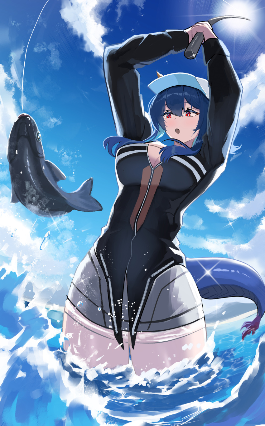 1girl absurdres arknights black_jacket blue_hair breasts ch'en_(arknights) ch'en_the_holungday_(arknights) dragon_girl dragon_horns dragon_tail fish fishing fishing_rod highres holding holding_fishing_rod horns jacket large_breasts long_hair long_sleeves ocean official_alternate_costume open_mouth red_eyes solo tail tofudofu wading