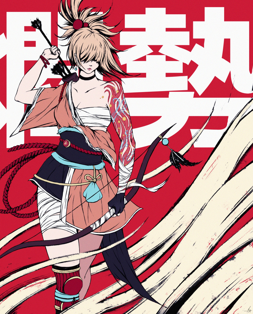 1girl absurdres akramness arm_tattoo arrow_(projectile) bandaged_arm bandaged_leg bandages blonde_hair bow_(weapon) breasts chest_sarashi cleavage closed_mouth collarbone commentary earrings feet_out_of_frame full_body genshin_impact hair_over_eyes half_updo highres holding holding_arrow holding_bow_(weapon) holding_weapon jewelry medium_hair pink_lips ponytail red_background sarashi sash solo tattoo weapon yoimiya_(genshin_impact)