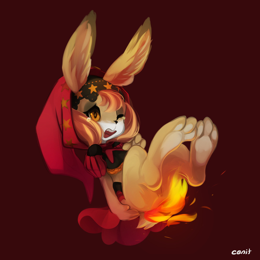 anthro bodily_fluids bottomless brown_body brown_fur burning butt butt_on_fire clothed clothing digital_media_(artwork) dress feet female fire fur hand_on_butt hi_res hood lagomorph leporid mammal multicolored_body multicolored_fur odin_sphere pain pooka quinto rabbit scut_tail short_tail solo tail tan_body tan_fur tears two_tone_body two_tone_fur velvet_(odin_sphere)