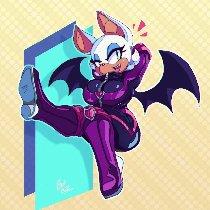 2022 anthro bat benbeau big_breasts bodysuit boots breasts clothed clothing eyelashes eyeshadow female footwear fur glistening glistening_clothing green_eyes hands_behind_back hi_res lipstick looking_aside makeup mammal membrane_(anatomy) membranous_wings open_mouth open_smile rouge_the_bat sega sitting skinsuit smile solo sonic_the_hedgehog_(series) sweater tan_body tan_skin teeth thick_thighs tight_clothing tongue topwear turtleneck white_body white_fur wings zipper