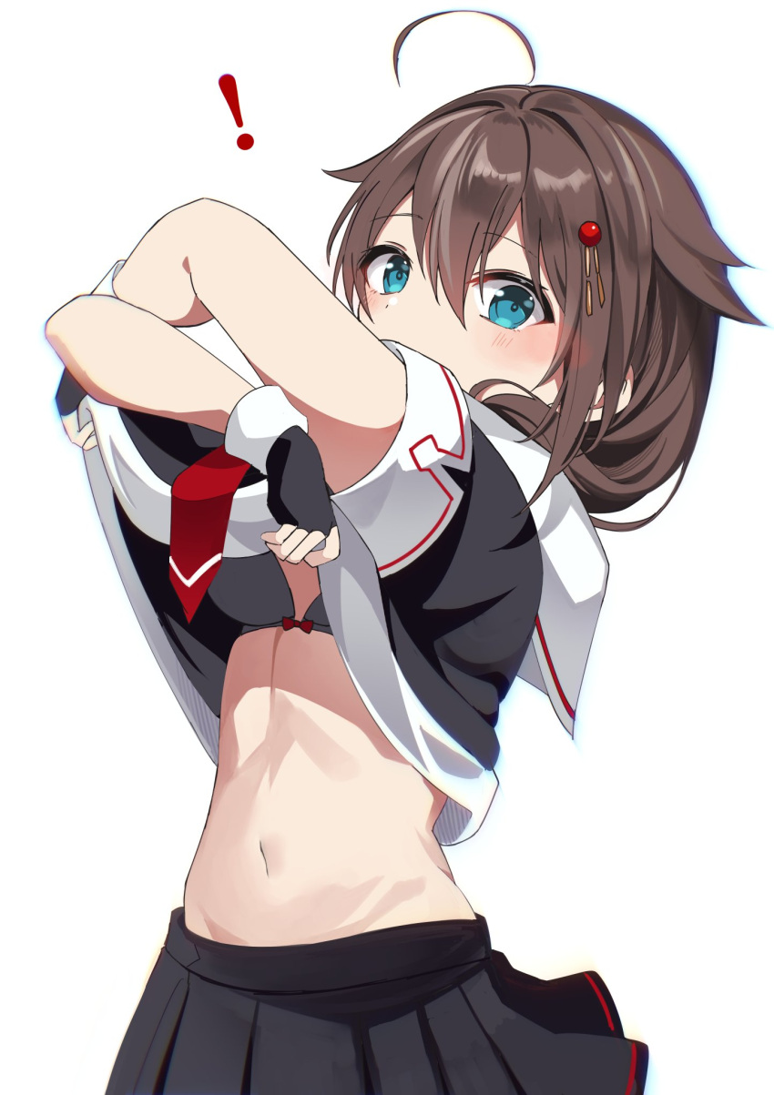 1girl ahoge black_serafuku blue_eyes braid breasts brown_hair clothes_lift cowboy_shot fathom hair_flaps hair_ornament hair_over_shoulder highres kantai_collection looking_at_viewer medium_breasts necktie red_necktie school_uniform serafuku shigure_(kancolle) shigure_kai_ni_(kancolle) shirt_lift single_braid solo white_background