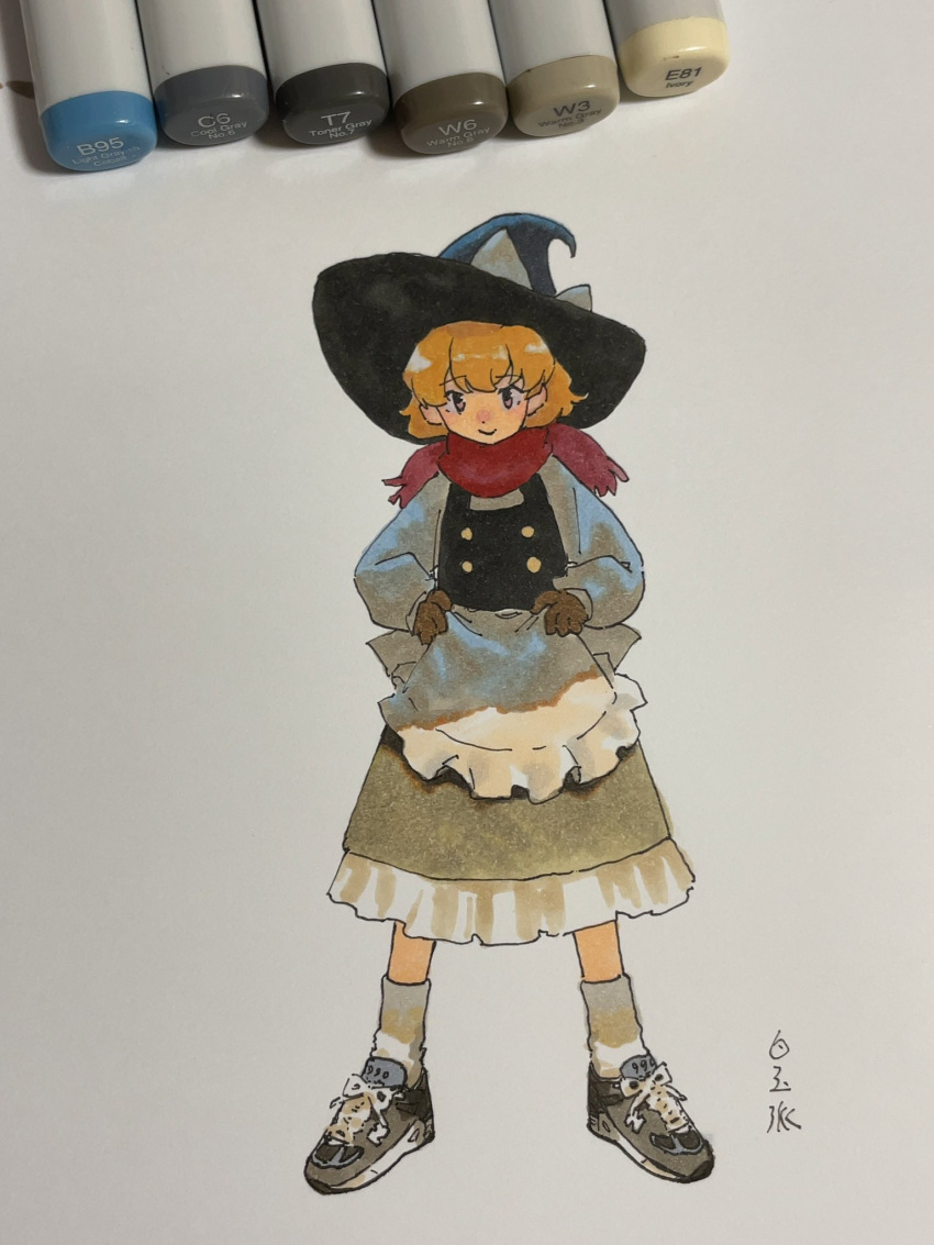 1girl alternate_costume ankle_socks art_tools_in_frame black_footwear black_headwear black_skirt black_vest blonde_hair bow buttons frilled_skirt frills hat hat_bow highres kirisame_marisa long_sleeves puffy_sleeves red_scarf scarf shiratama_(hockey) shirt shoes skirt sneakers socks solo touhou traditional_media vest white_background white_shirt witch_hat