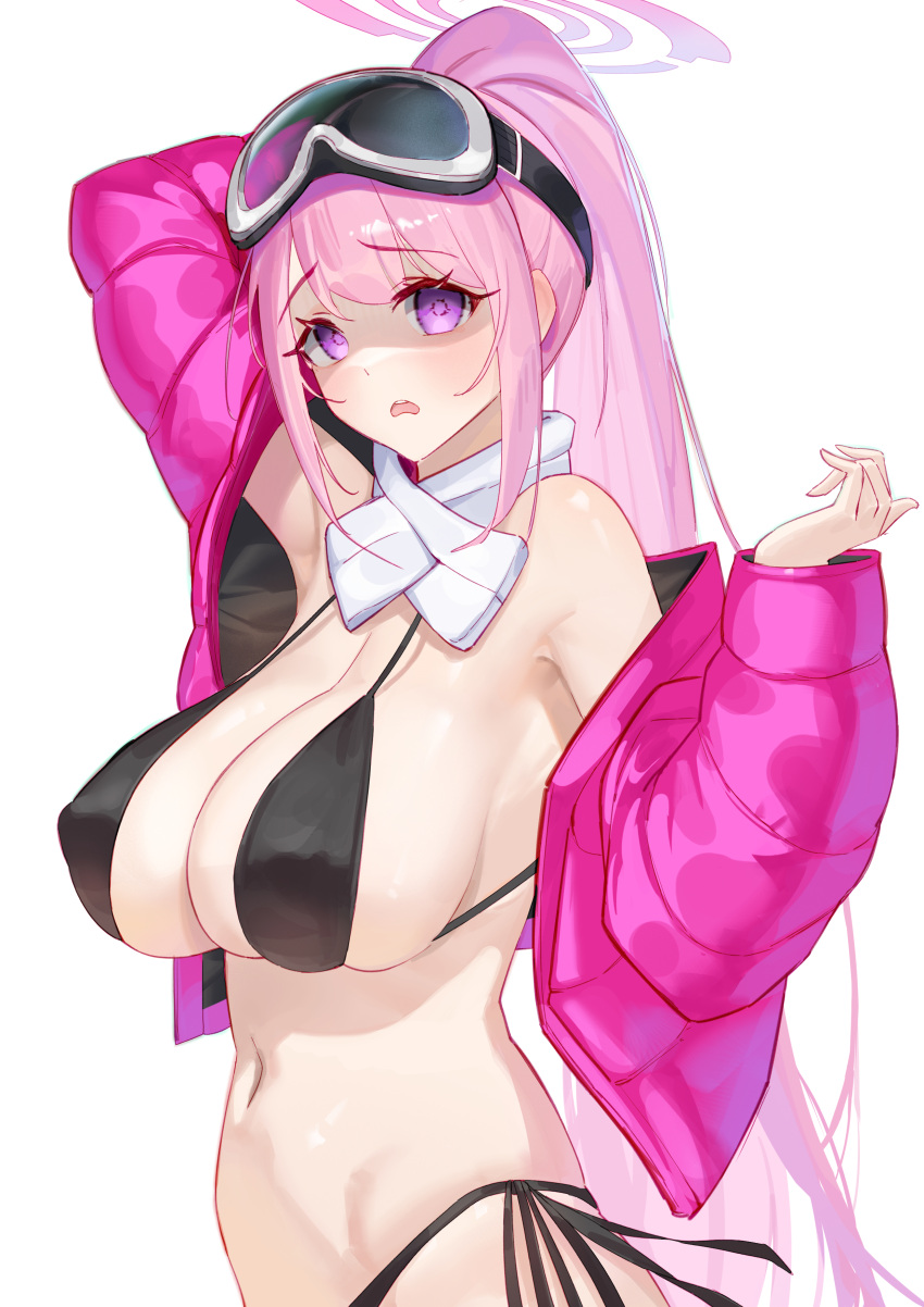 1girl absurdres bikini black_bikini blue_archive blush breasts cleavage covered_nipples eimi_(blue_archive) eimi_(swimsuit)_(blue_archive) highres large_breasts long_hair looking_at_viewer official_alternate_costume open_mouth pink_eyes pink_hair ponytail revision serelith shaded_face simple_background solo swimsuit white_background