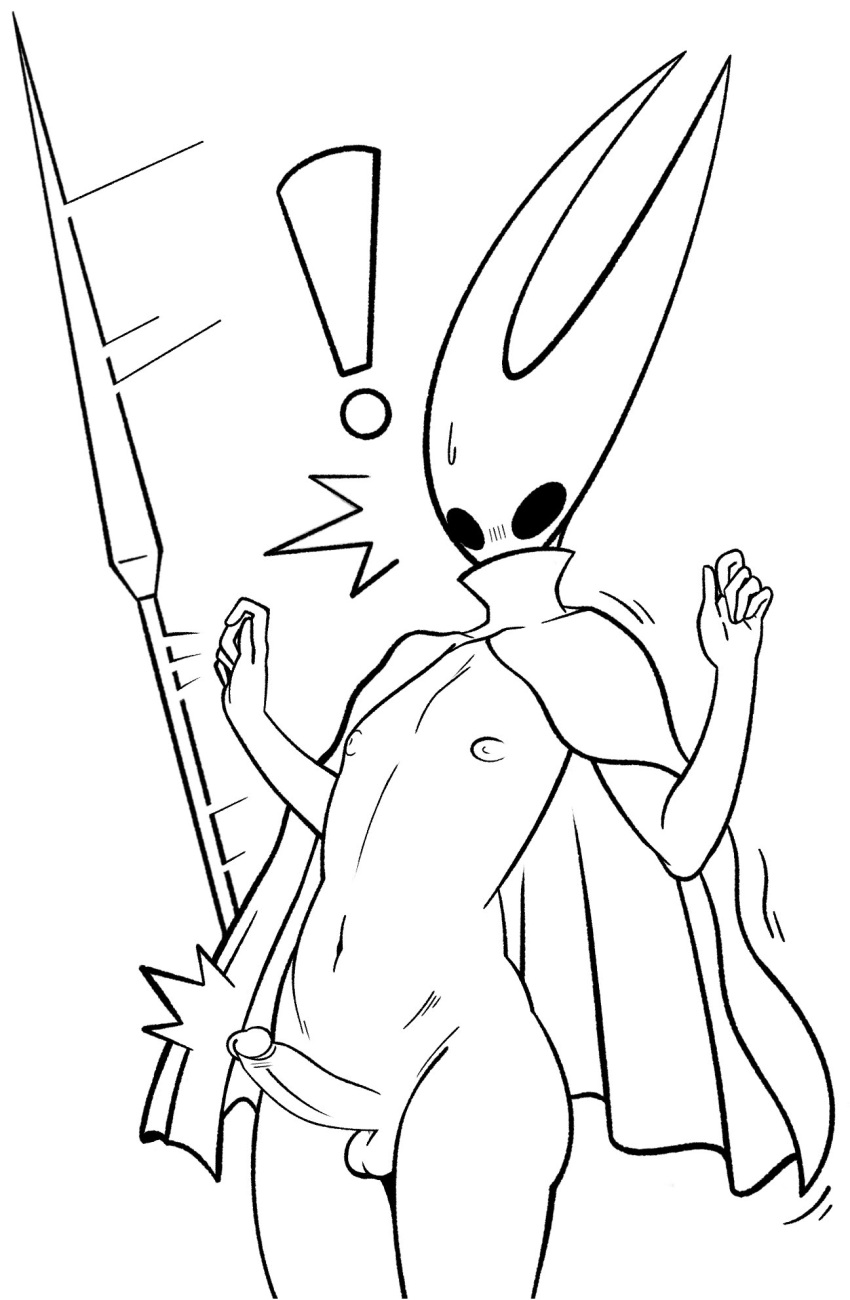 anthro arthropod balls blush bodily_fluids bro_aniki cloak cloak_only clothing crossgender erection exclamation_point ftm_crossgender genitals girly hi_res hollow_knight hornet_(hollow_knight) male monochrome mostly_nude nail_(weapon) navel nipples penis simple_background solo solo_focus surprise sweat team_cherry