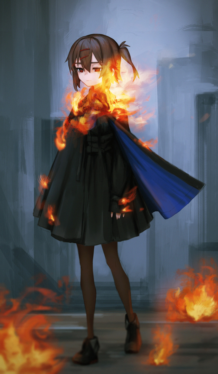 1girl black_dress black_footwear brown_hair brown_pantyhose burning closed_mouth dress fire full_body hair_ornament hairclip highres long_sleeves one_side_up original pantyhose red_eyes shoes short_hair simple_background sleeves_past_wrists solo standing toxic_ghost