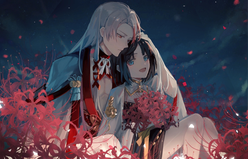 1boy 1girl :d bell black_dress black_hair blue_eyes bob_cut butterfly_ornament cape chinese_clothes choker closed_mouth couple detached_collar dress eye_contact falling_petals feet_out_of_frame female_master_(the_tale_of_food) field flower flower_field gold_trim hair_ribbon hand_on_another's_head hetero highres jingle_bell knees_together_feet_apart knees_up light_blush long_hair long_sleeves looking_at_another medium_hair meng_po_tea_(the_tale_of_food) multicolored_hair night nokoyayaya open_clothes open_robe parted_bangs pectoral_cleavage pectorals petals red_choker red_eyes red_flower red_hair red_ribbon ribbon robe sideways_glance sitting smile spider_lily streaked_hair the_tale_of_food tress_ribbon white_cape white_hair white_robe wide_sleeves