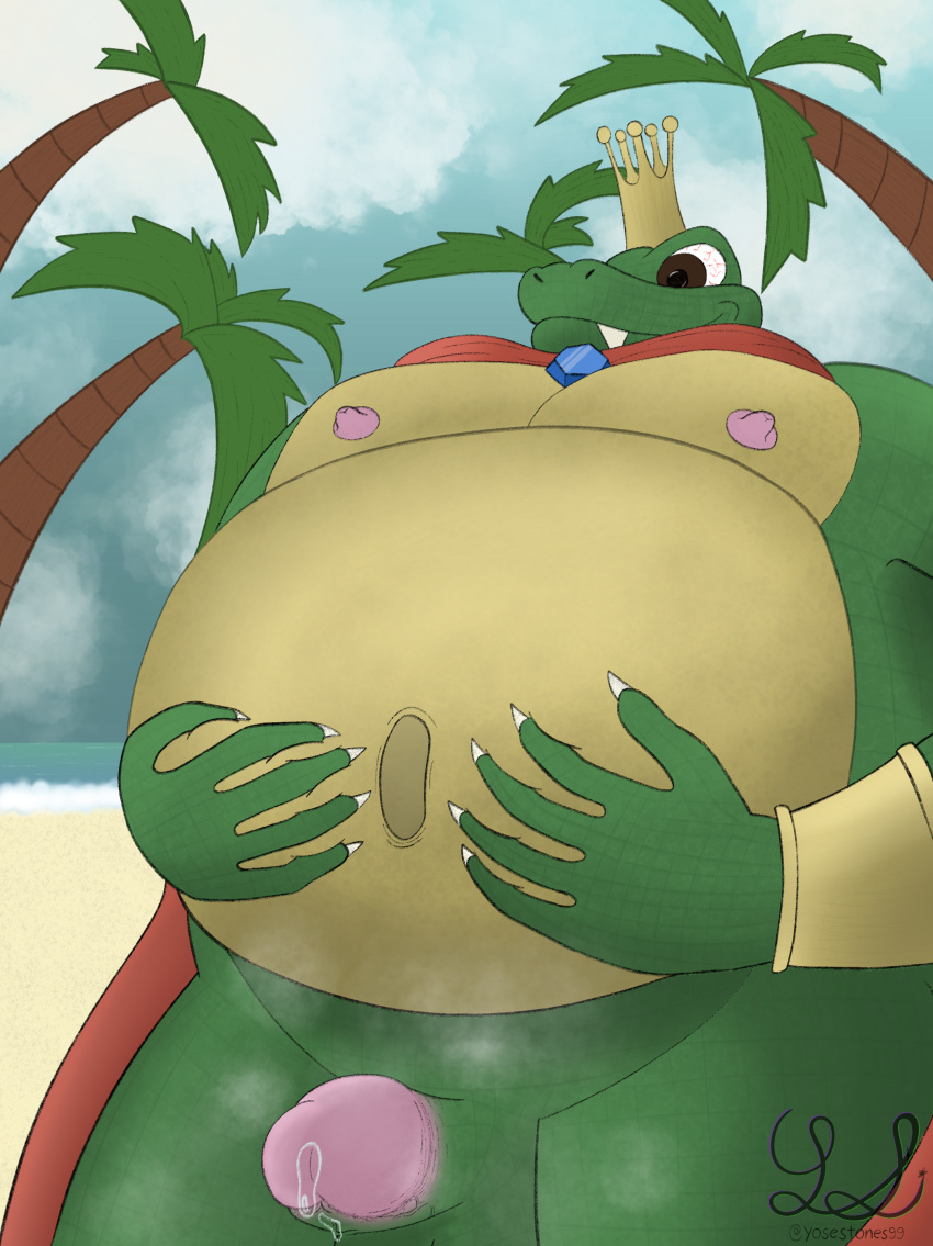 absurd_res anthro balls beach belly bodily_fluids bracelet cape clothing crown donkey_kong_(series) genital_fluids genitals glans headgear hi_res jewelry king_k._rool kremling male male/male nails nintendo nipples outside palms penis precum reptile scalie seaside slightly_chubby smelly smelly_penis smile solo steam teeth yose_stones