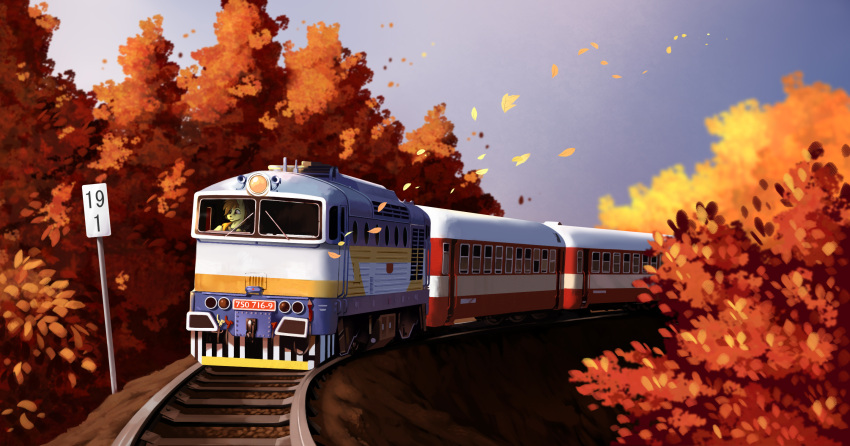 28gooddays autumn earth_pony equid equine falling_leaves fan_character hasbro hi_res horse mammal my_little_pony orange_theme pony sign train train_tracks vehicle