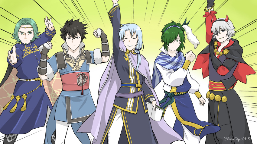 5boys ^_^ absurdres arm_up black_gloves black_hair blue_scarf cape circlet clenched_hand closed_eyes closed_mouth commentary_request emphasis_lines eyepatch fake_horns fire_emblem fire_emblem:_genealogy_of_the_holy_war fire_emblem:_the_blazing_blade fire_emblem:_three_houses fire_emblem_awakening fire_emblem_fates fire_emblem_heroes gloves gradient_background green_background green_eyes green_hair hair_over_one_eye highres horns lewyn_(fire_emblem) lon'qu_(fire_emblem) medium_hair midori_no_baku multiple_boys niles_(fire_emblem) pent_(fire_emblem) purple_cape scarf seteth_(fire_emblem) short_hair simple_background smile teeth two-tone_background two-tone_scarf white_background white_scarf