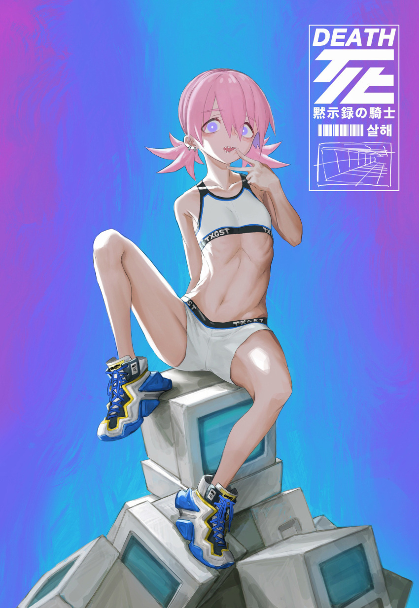 1girl bags_under_eyes blue_eyes computer crotch_seam crt ear_piercing eyes_visible_through_hair flat_chest groin_tendon highres looking_at_viewer monitor navel open_mouth original petite piercing pink_hair ribs sharp_teeth shoes short_twintails simple_background sitting smile sneakers solo sports_bikini sports_bra teeth toxic_ghost twintails white_sports_bra